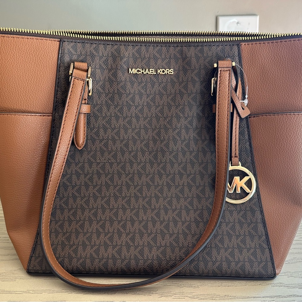 Michael Kors Charlotte Large Logo and Leather Top-Zip Tote Bag
